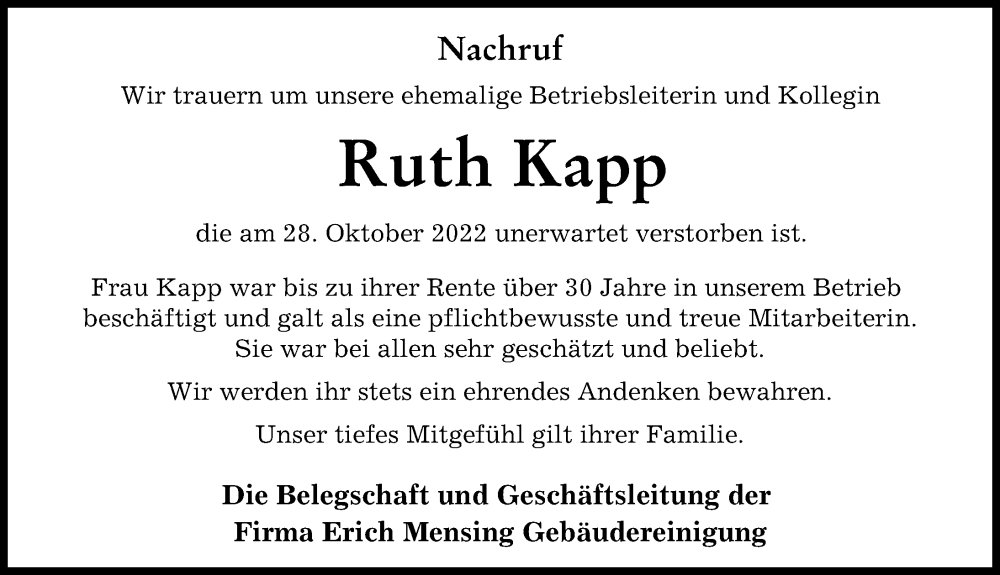 Traueranzeige von Ruth Kapp von Donau Zeitung