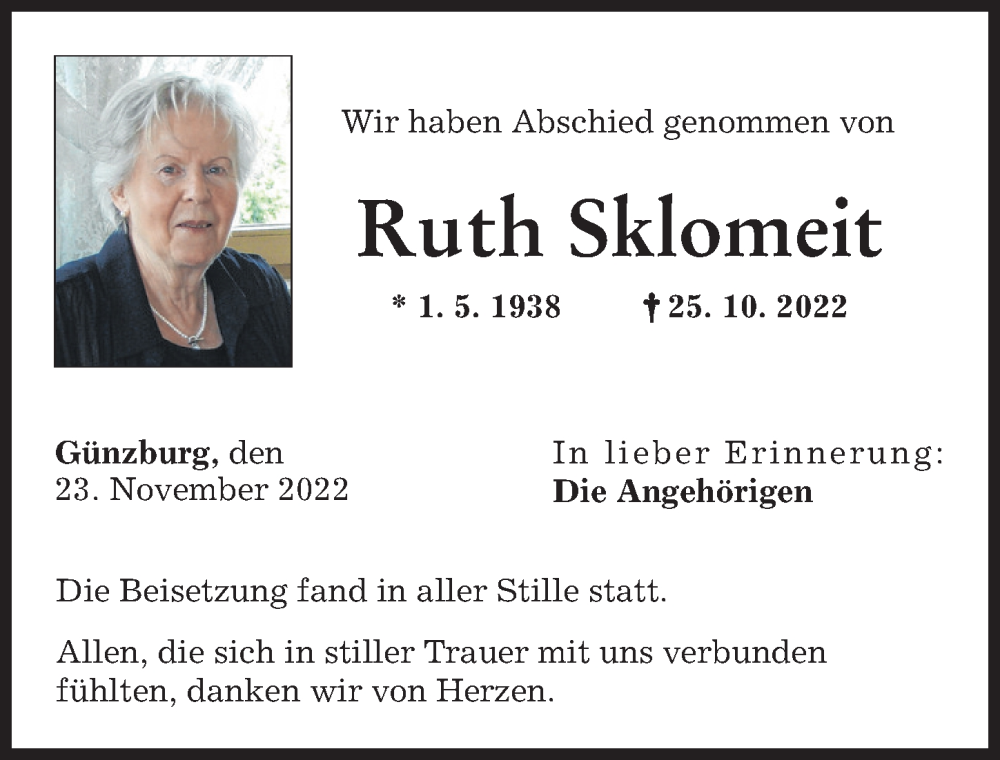  Traueranzeige für Ruth Sklomeit vom 23.11.2022 aus Günzburger Zeitung