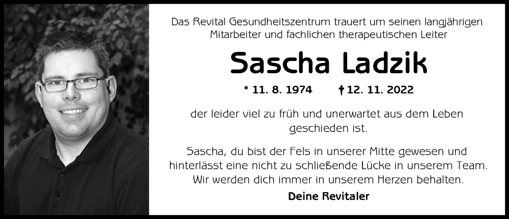  Traueranzeige für Sascha Ladzik vom 19.11.2022 aus Augsburger Allgemeine