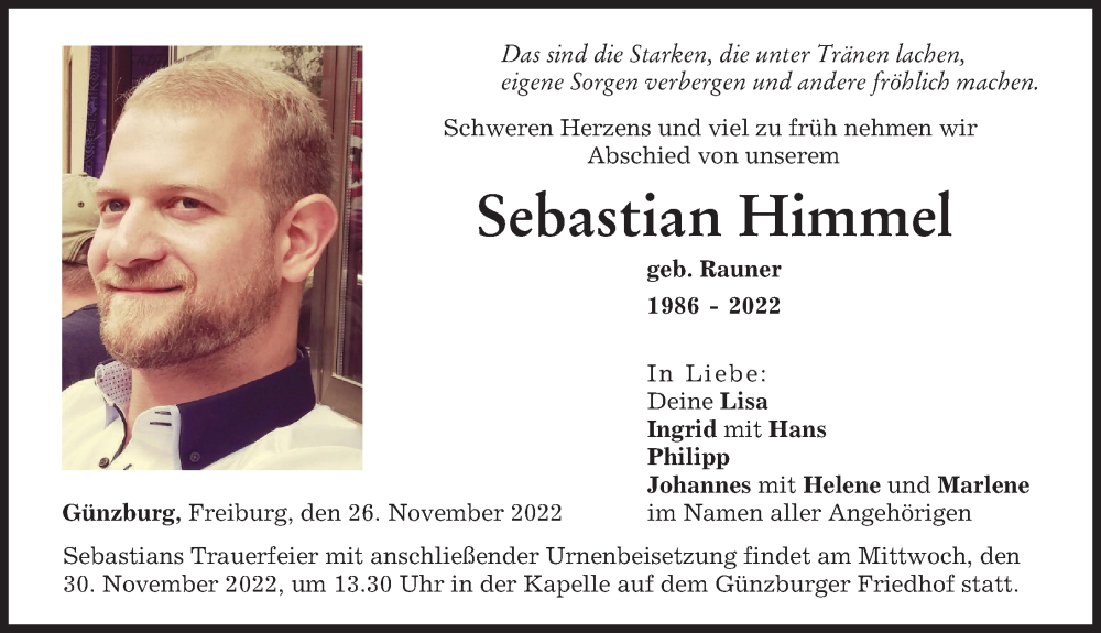  Traueranzeige für Sebastian Himmel vom 26.11.2022 aus Günzburger Zeitung
