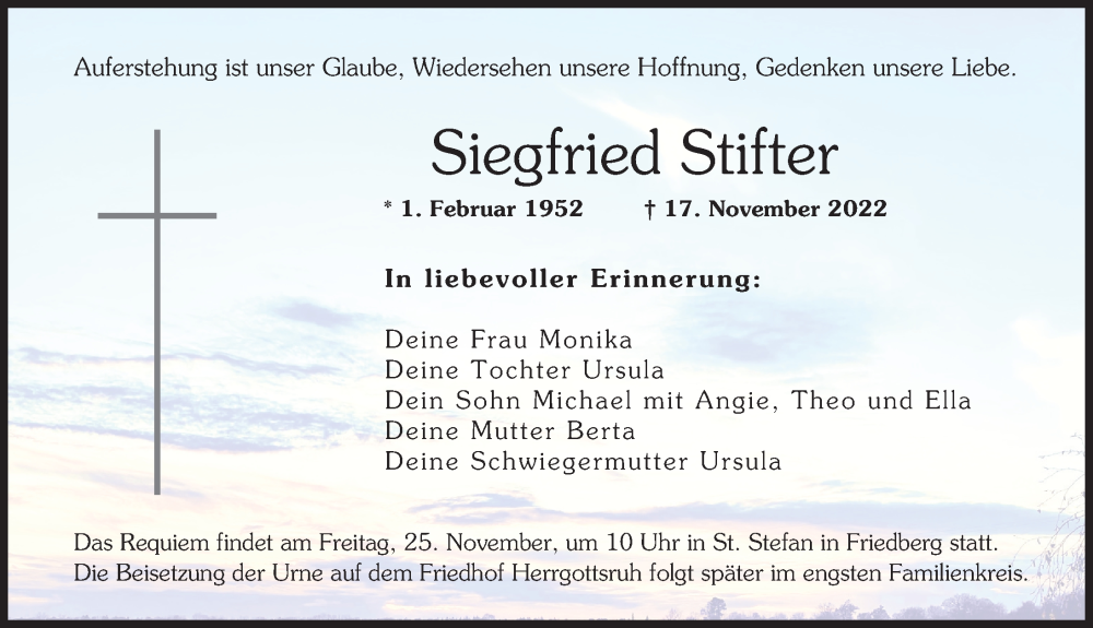  Traueranzeige für Siegfried Stifter vom 21.11.2022 aus Augsburger Allgemeine