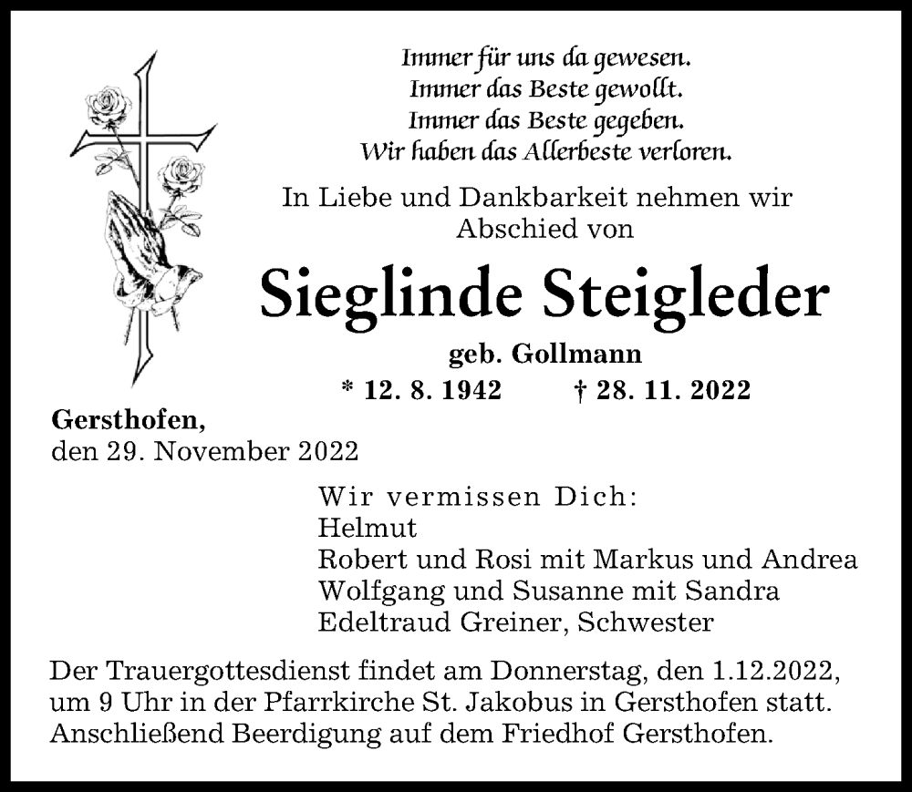  Traueranzeige für Sieglinde Steigleder vom 29.11.2022 aus Augsburger Allgemeine