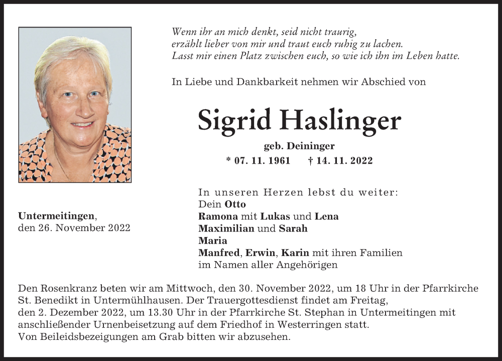  Traueranzeige für Sigrid Haslinger vom 26.11.2022 aus Landsberger Tagblatt, Schwabmünchner Allgemeine