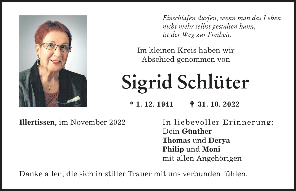  Traueranzeige für Sigrid Schlüter vom 23.11.2022 aus Illertisser Zeitung