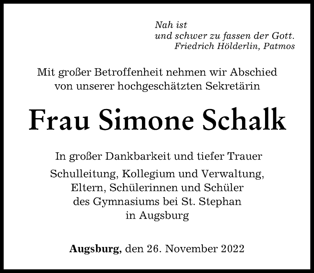  Traueranzeige für Simone Schalk vom 26.11.2022 aus Augsburger Allgemeine