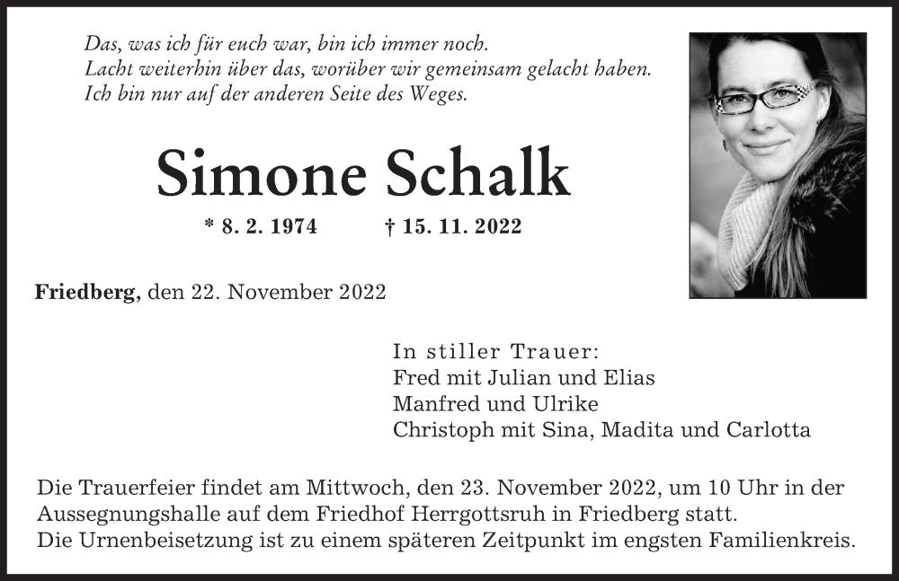  Traueranzeige für Simone Schalk vom 22.11.2022 aus Augsburger Allgemeine