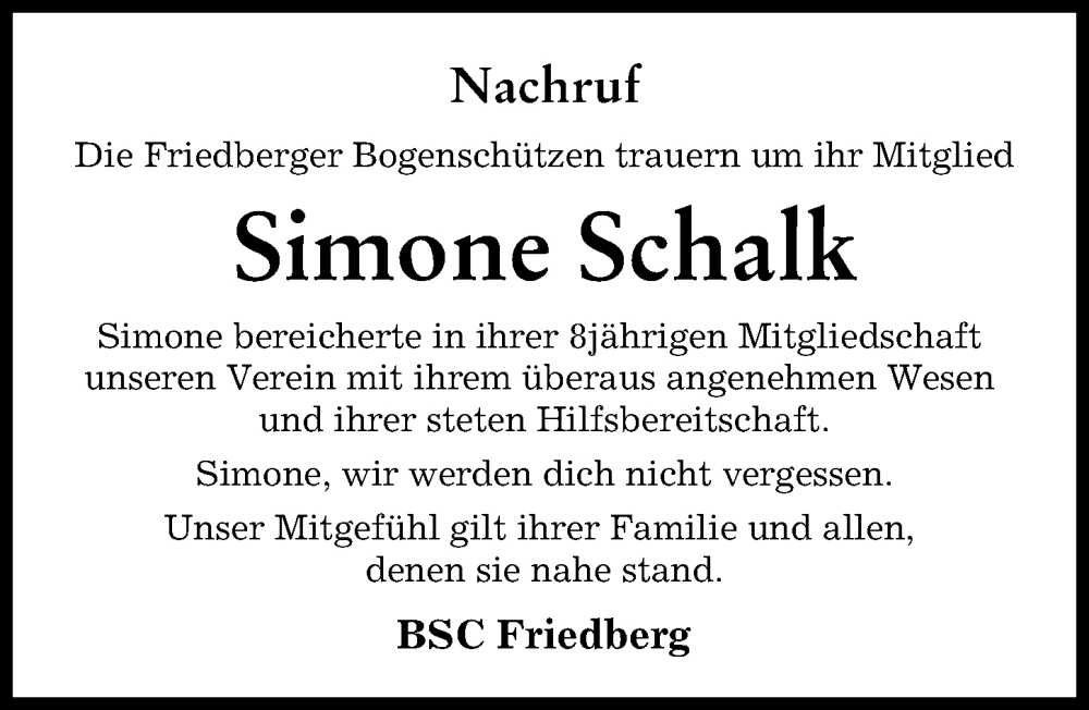  Traueranzeige für Simone Schalk vom 26.11.2022 aus Friedberger Allgemeine
