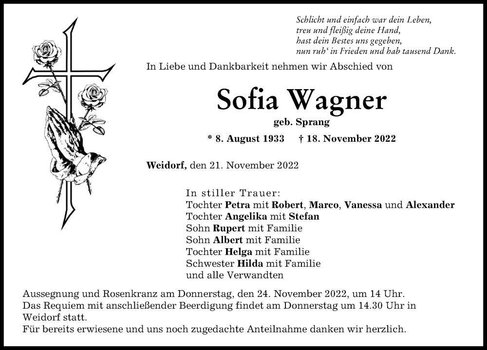  Traueranzeige für Sofia Wagner vom 21.11.2022 aus Neuburger Rundschau