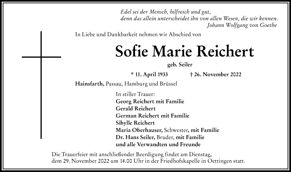  Traueranzeige für Sofie Marie Reichert vom 28.11.2022 aus Rieser Nachrichten