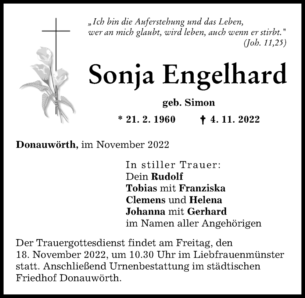 Traueranzeige von Sonja Engelhard von Donauwörther Zeitung