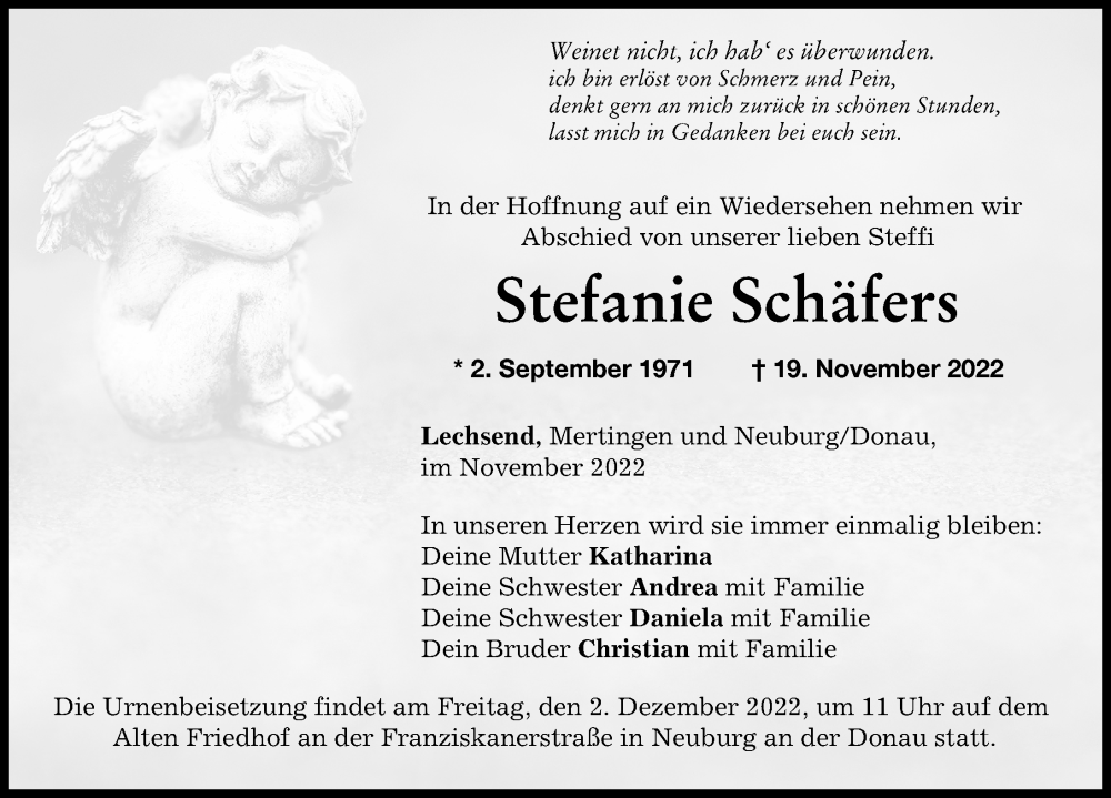  Traueranzeige für Stefanie Schäfers vom 26.11.2022 aus Donauwörther Zeitung