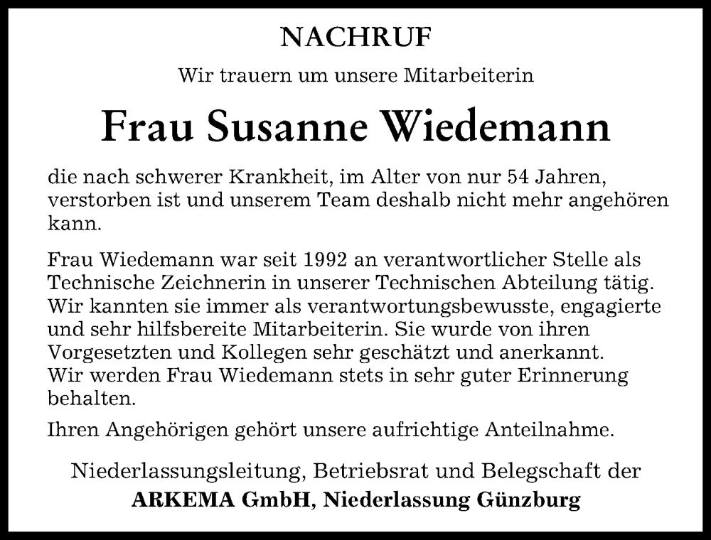  Traueranzeige für Susanne Wiedemann vom 24.11.2022 aus Günzburger Zeitung