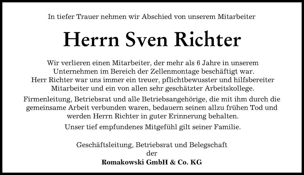  Traueranzeige für Sven Richter vom 25.11.2022 aus Wertinger Zeitung