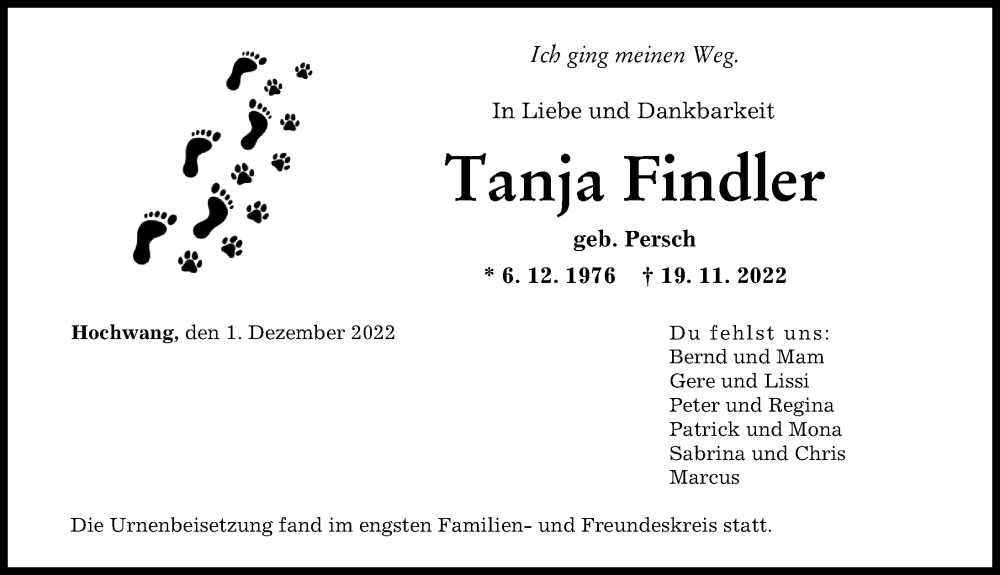  Traueranzeige für Tanja Findler vom 01.12.2022 aus Günzburger Zeitung