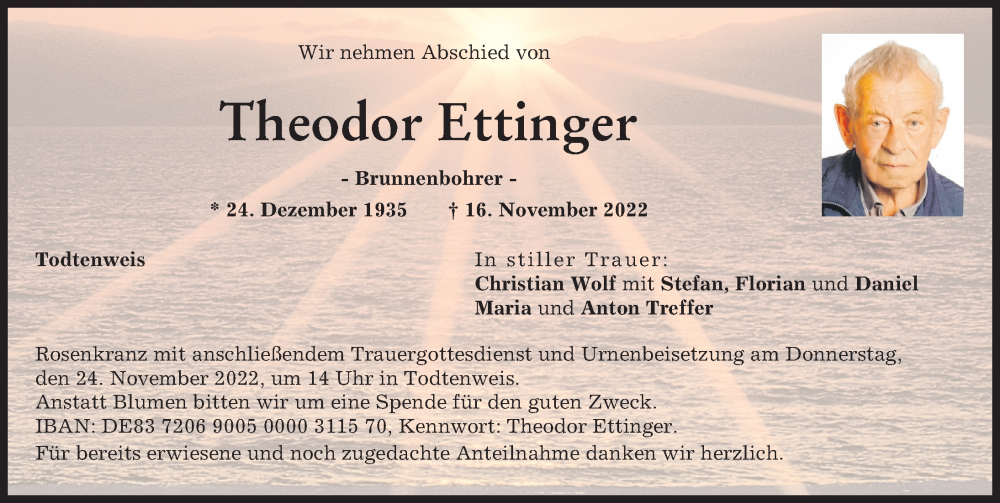 Traueranzeige von Theodor Ettinger von Aichacher Nachrichten