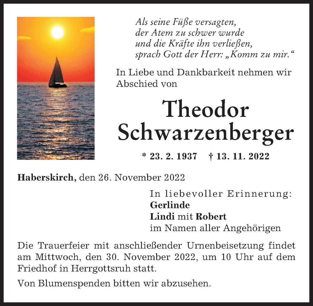  Traueranzeige für Theodor Schwarzenberger vom 26.11.2022 aus Friedberger Allgemeine, Augsburger Allgemeine