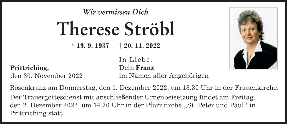 Traueranzeige von Therese Ströbl von Landsberger Tagblatt