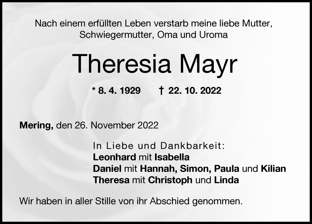  Traueranzeige für Theresia Mayr vom 26.11.2022 aus Friedberger Allgemeine