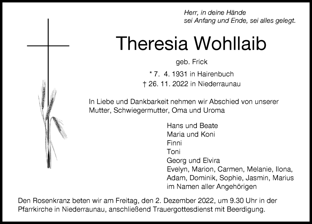  Traueranzeige für Theresia Wohllaib vom 30.11.2022 aus Mittelschwäbische Nachrichten