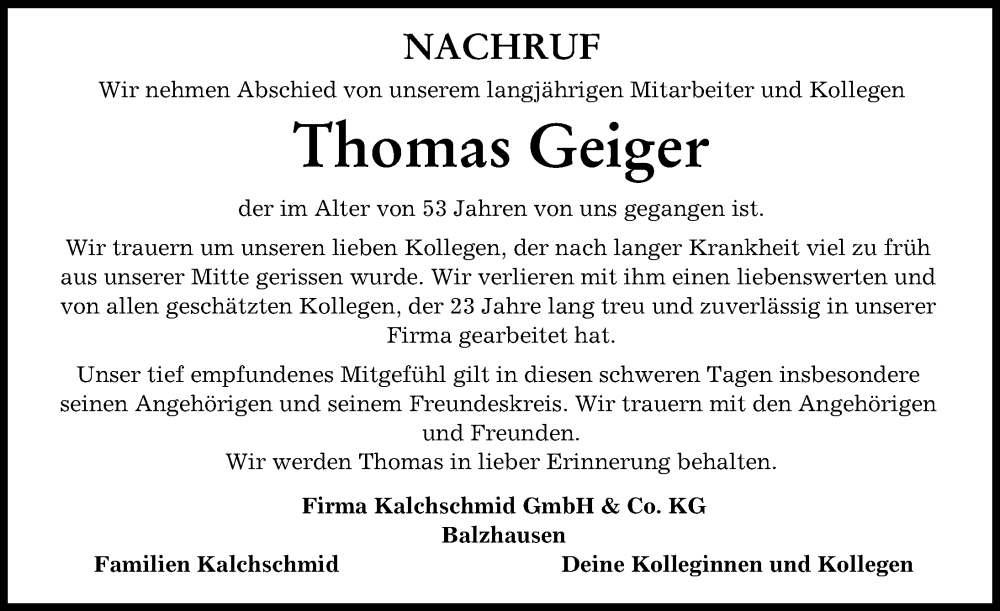  Traueranzeige für Thomas Geiger vom 26.11.2022 aus Mittelschwäbische Nachrichten
