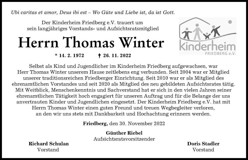  Traueranzeige für Thomas Winter vom 30.11.2022 aus Friedberger Allgemeine