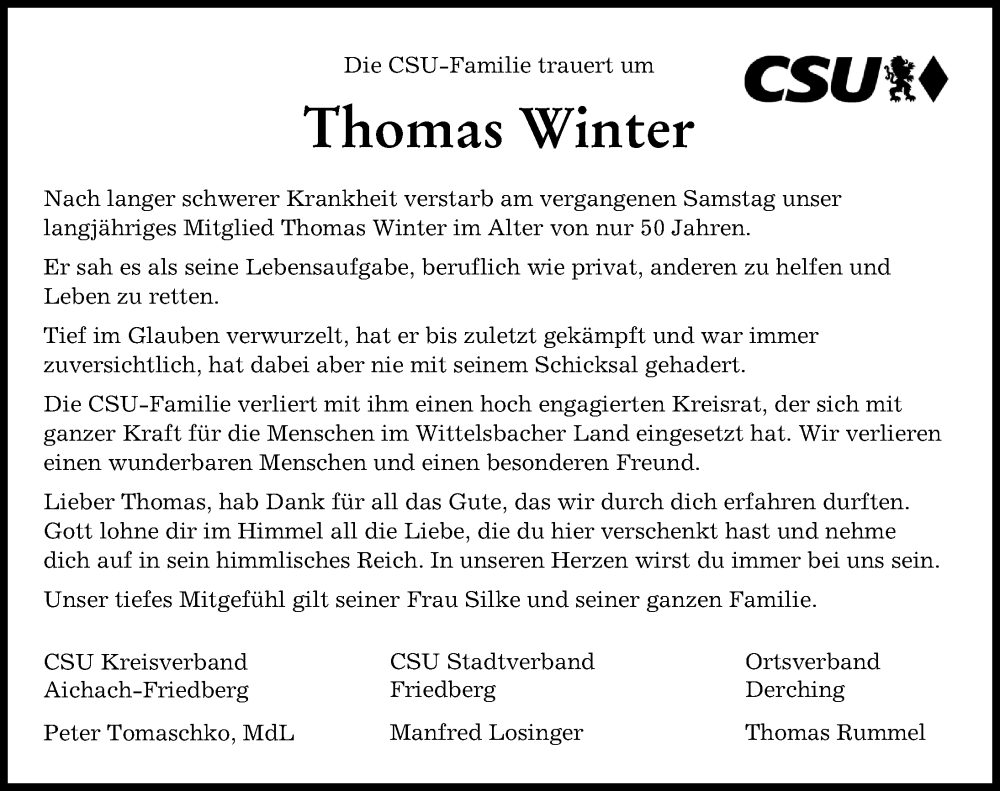 Traueranzeige von Thomas Winter von Friedberger Allgemeine, Aichacher Nachrichten