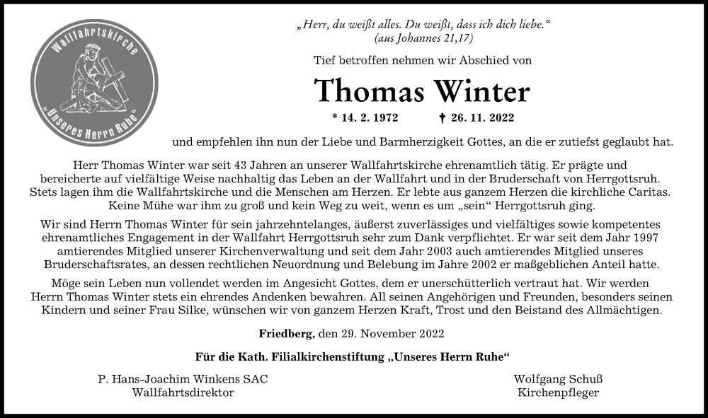  Traueranzeige für Thomas Winter vom 29.11.2022 aus Friedberger Allgemeine