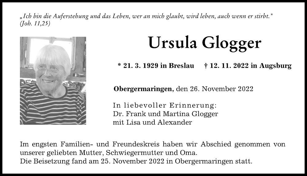  Traueranzeige für Ursula Glogger vom 26.11.2022 aus Augsburger Allgemeine