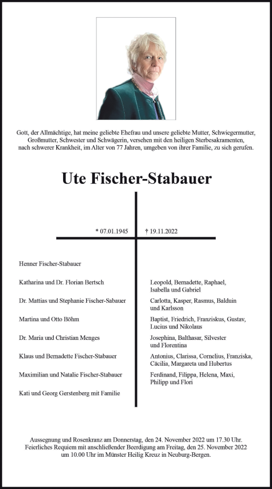  Traueranzeige für Ute Fischer-Stabauer vom 22.11.2022 aus Neuburger Rundschau