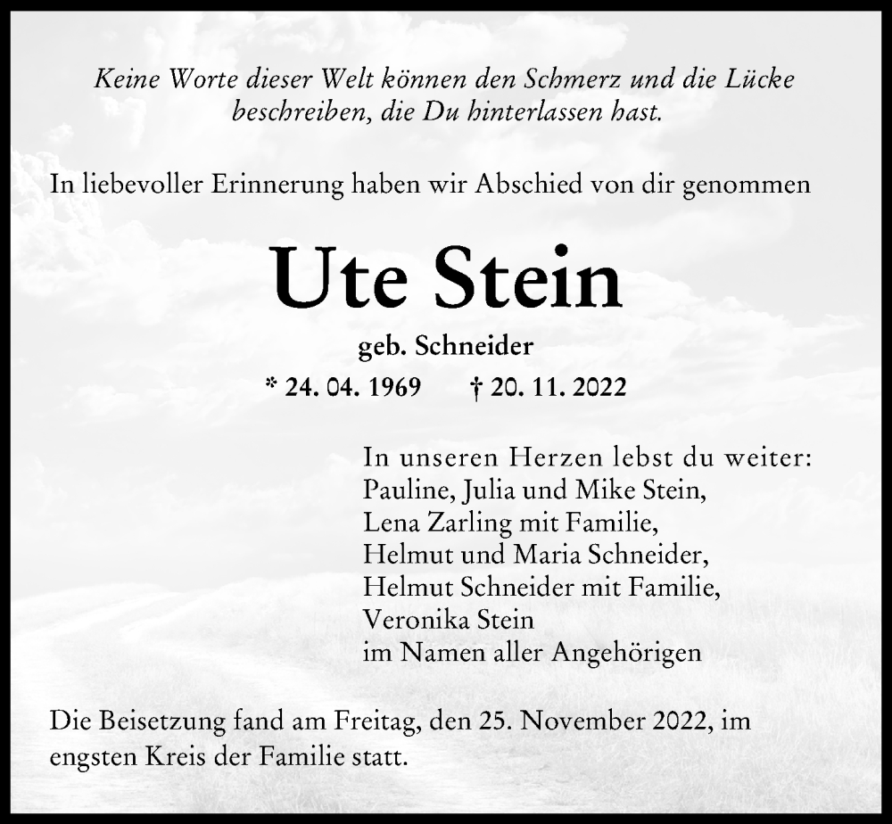  Traueranzeige für Ute Stein vom 29.11.2022 aus Schwabmünchner Allgemeine