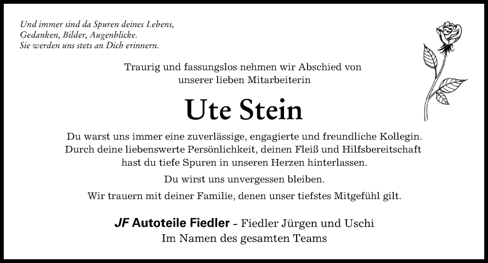  Traueranzeige für Ute Stein vom 28.11.2022 aus Schwabmünchner Allgemeine