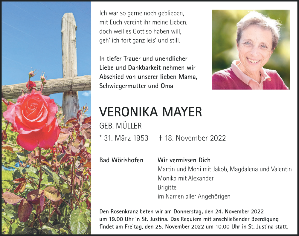  Traueranzeige für Veronika Mayer vom 23.11.2022 aus Mindelheimer Zeitung
