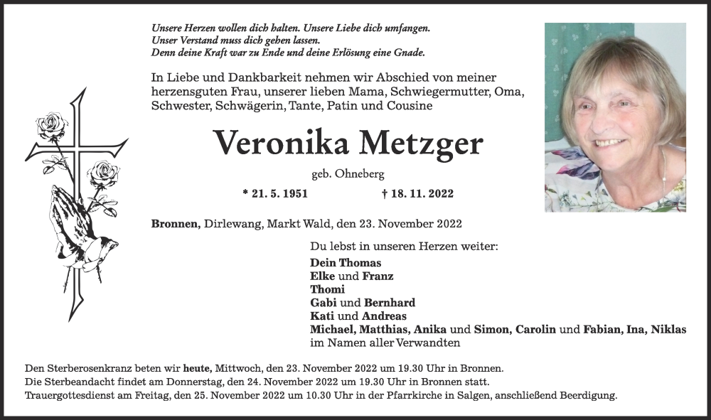  Traueranzeige für Veronika Metzger vom 23.11.2022 aus Mindelheimer Zeitung