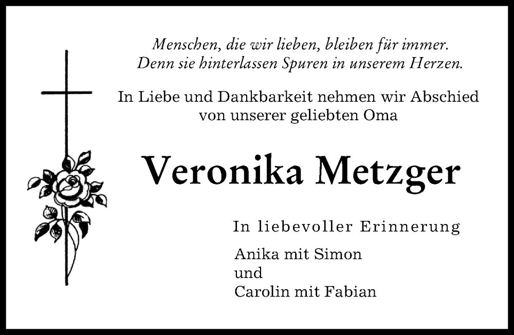  Traueranzeige für Veronika Metzger vom 23.11.2022 aus Mindelheimer Zeitung