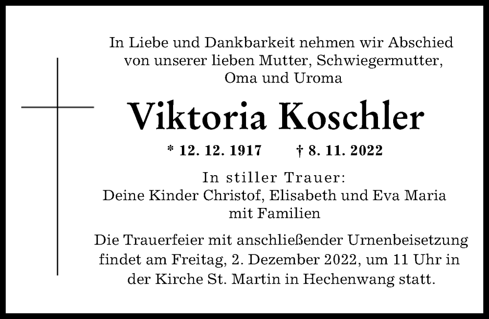  Traueranzeige für Viktoria Koschler vom 26.11.2022 aus Landsberger Tagblatt