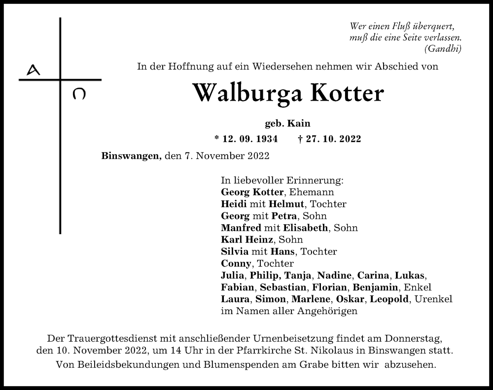  Traueranzeige für Walburga Kotter vom 07.11.2022 aus Wertinger Zeitung
