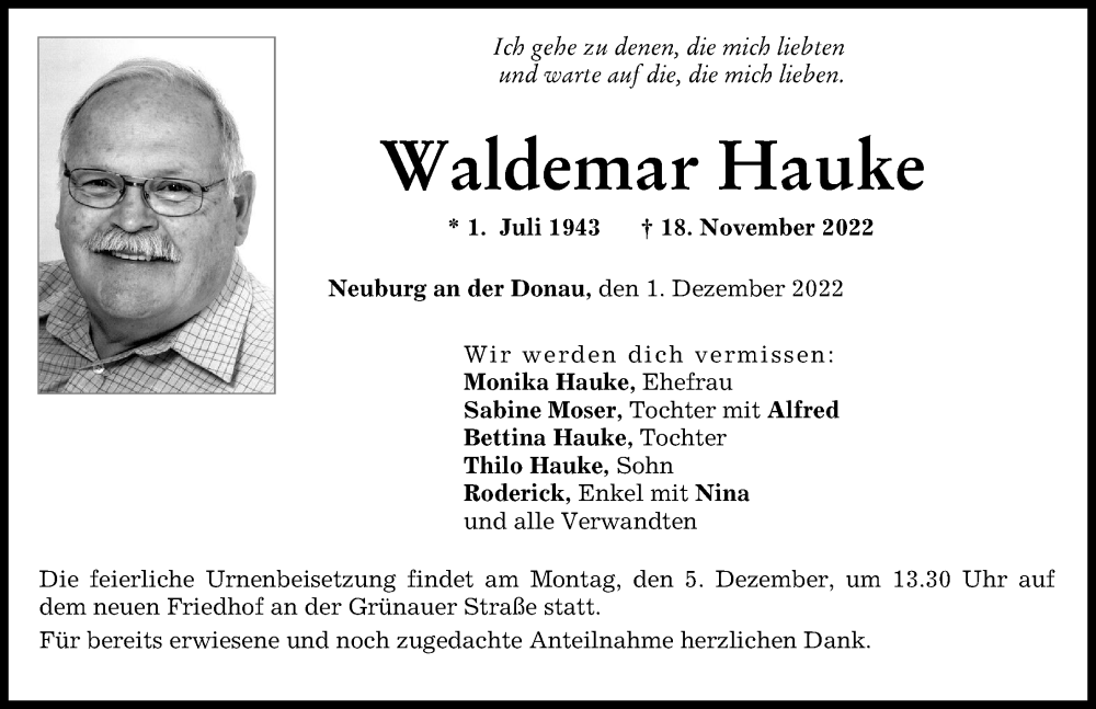  Traueranzeige für Waldemar Hauke vom 01.12.2022 aus Neuburger Rundschau