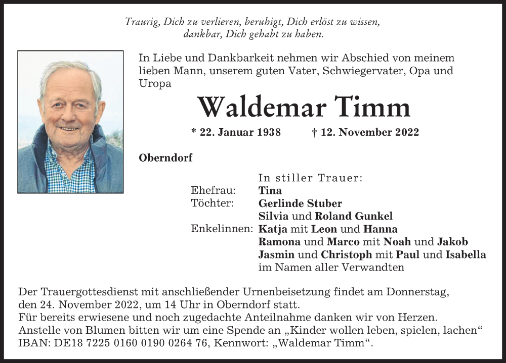  Traueranzeige für Waldemar Timm vom 22.11.2022 aus Donauwörther Zeitung