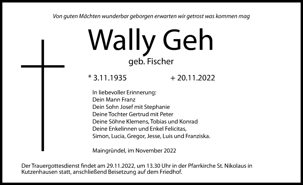 Traueranzeige für Wally Geh vom 24.11.2022 aus Augsburg-Land