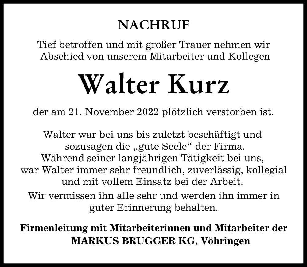  Traueranzeige für Walter Kurz vom 25.11.2022 aus Illertisser Zeitung