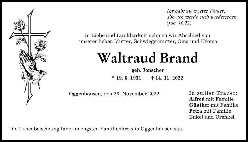  Traueranzeige für Waltraud Brand vom 28.11.2022 aus Günzburger Zeitung