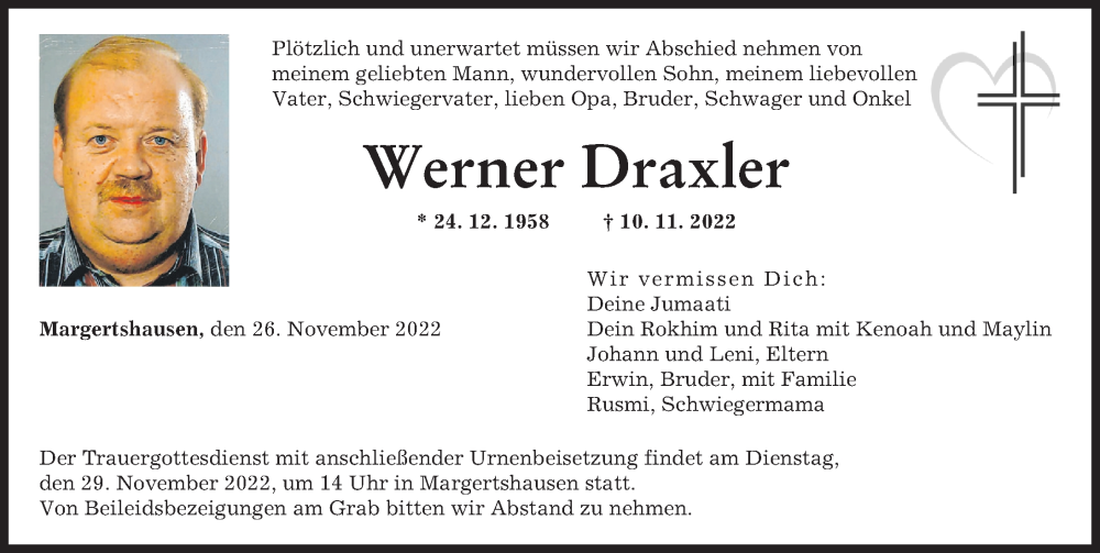  Traueranzeige für Werner Draxler vom 26.11.2022 aus Augsburger Allgemeine