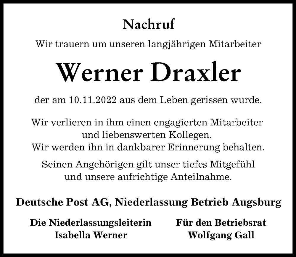  Traueranzeige für Werner Draxler vom 26.11.2022 aus Augsburg-Land