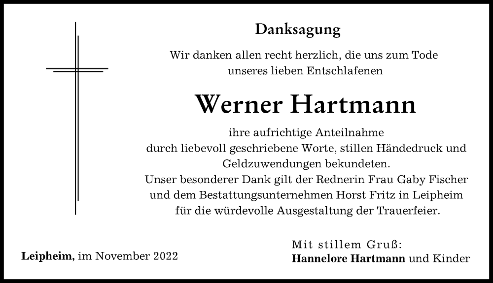  Traueranzeige für Werner Hartmann vom 19.11.2022 aus Günzburger Zeitung