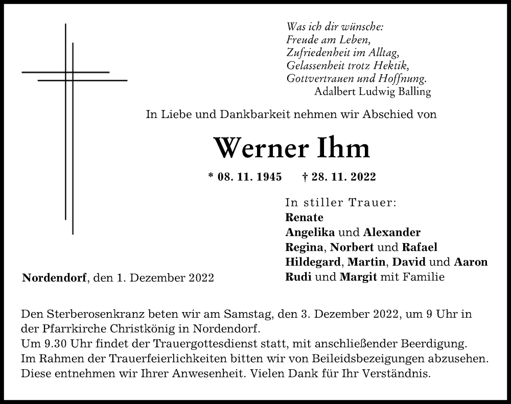 Traueranzeige von Werner Ihm von Augsburg-Land