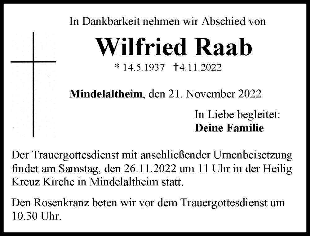  Traueranzeige für Wilfried Raab vom 21.11.2022 aus Günzburger Zeitung