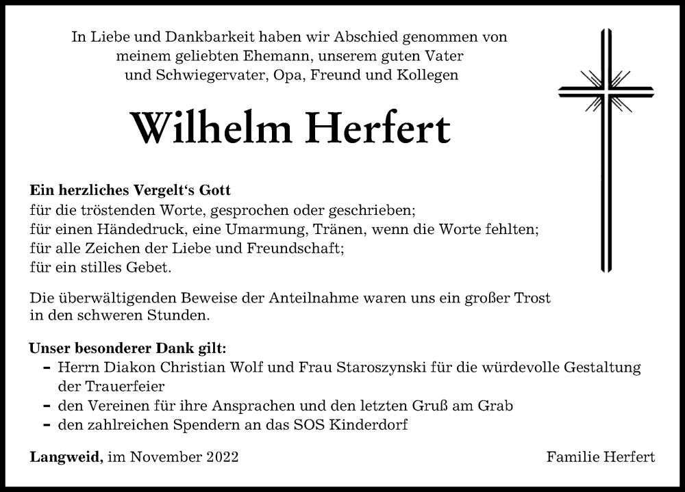 Traueranzeige von Wilhelm Herfert von Augsburger Allgemeine