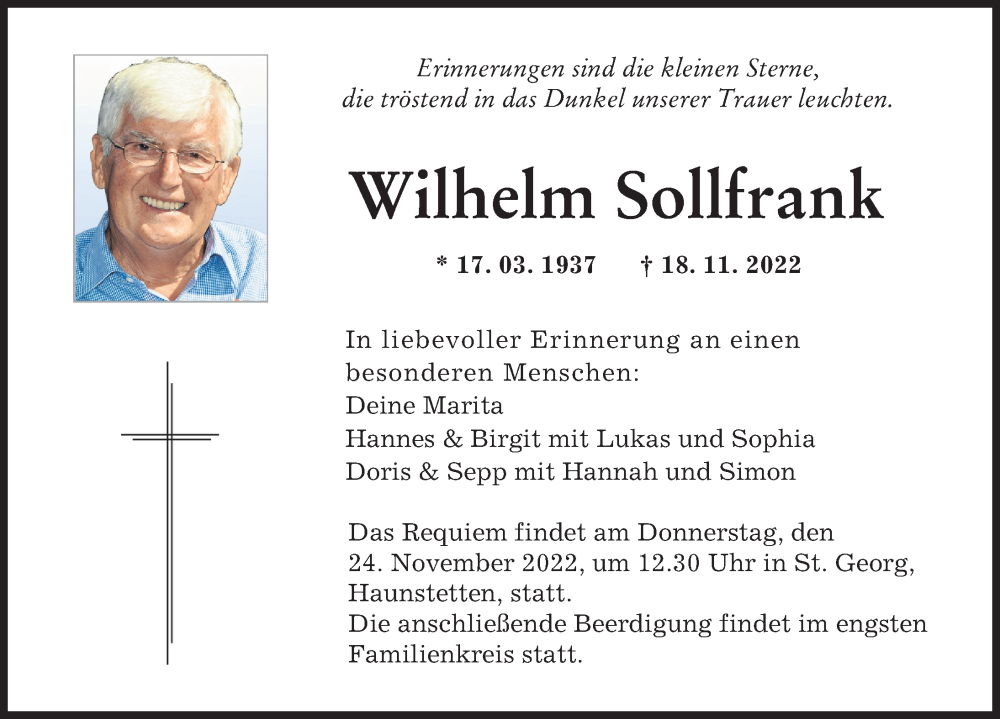  Traueranzeige für Wilhelm Sollfrank vom 23.11.2022 aus Augsburger Allgemeine