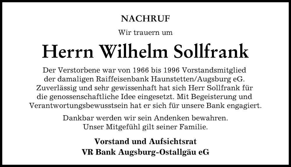  Traueranzeige für Wilhelm Sollfrank vom 25.11.2022 aus Augsburger Allgemeine