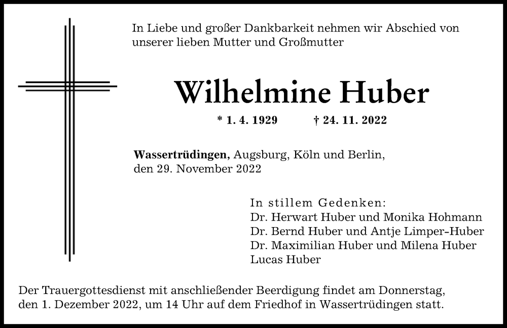Traueranzeige von Wilhelmine Huber von Augsburger Allgemeine